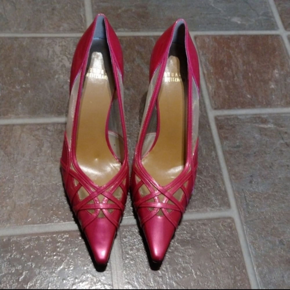 Stuart Weitzman metallic hot bubble gum pink sexy mesh lace detail pump size 8